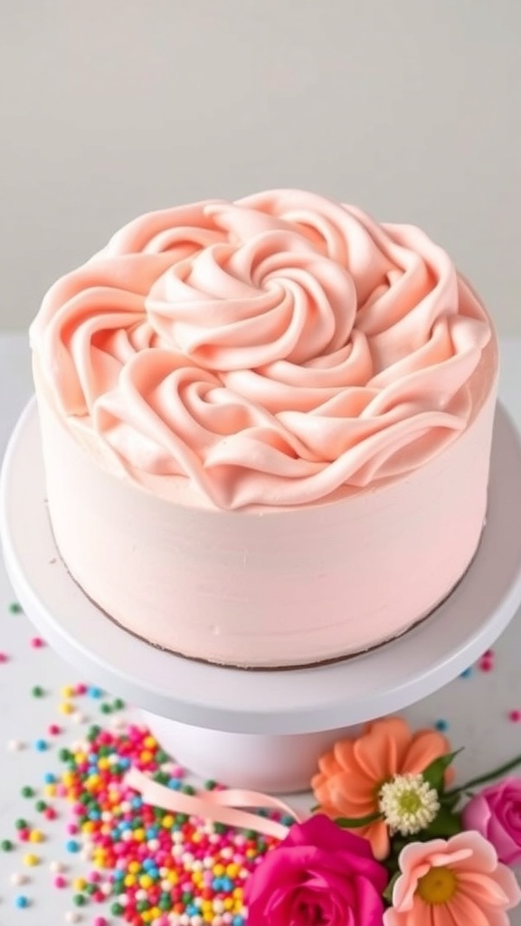 A cake with buttercream frosting decorated with swirls and sprinkles on a cake stand.